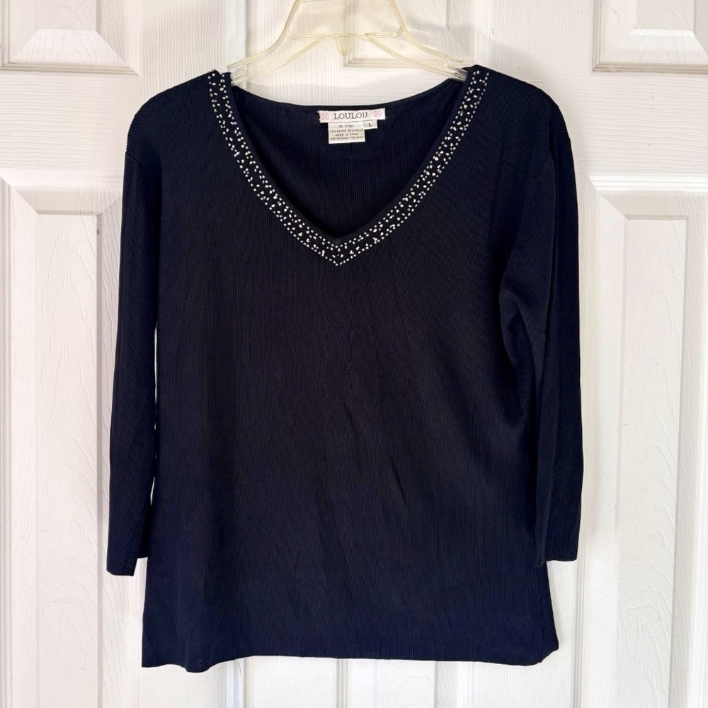 LOULOU Black Size Large Beaded/Sequin V-Neck Sweater Casual or Dress